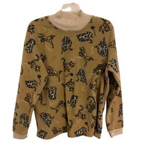 Vintage Blair Fleece Sweater Womens Large Tan Cat Print Pullover Grandmacore